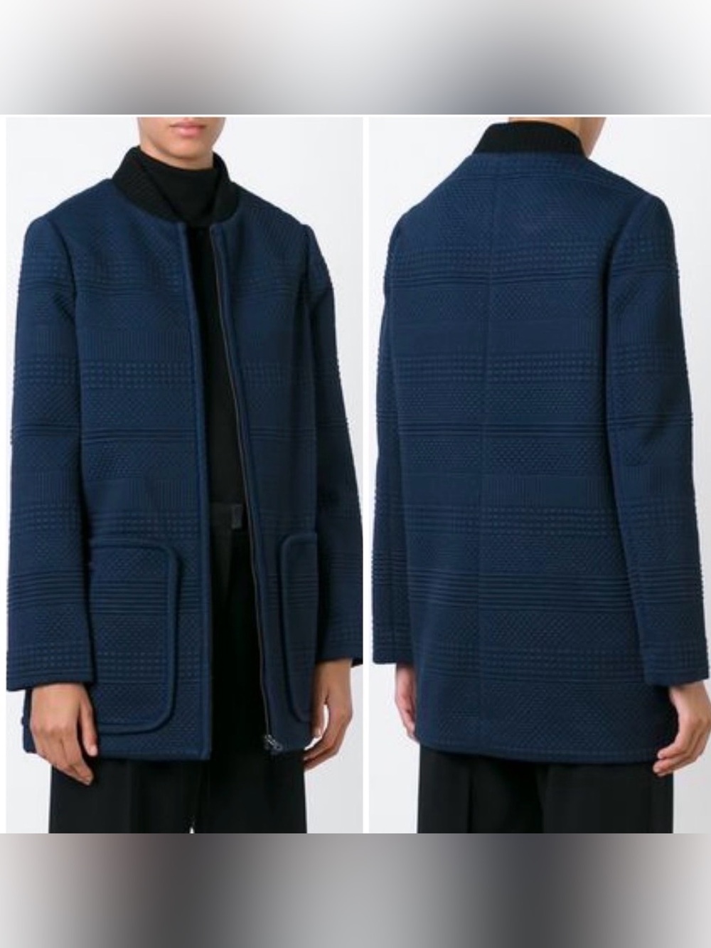 Tory Burch Navy Blue Merino Wool Textured Zip Up Coat Sz S